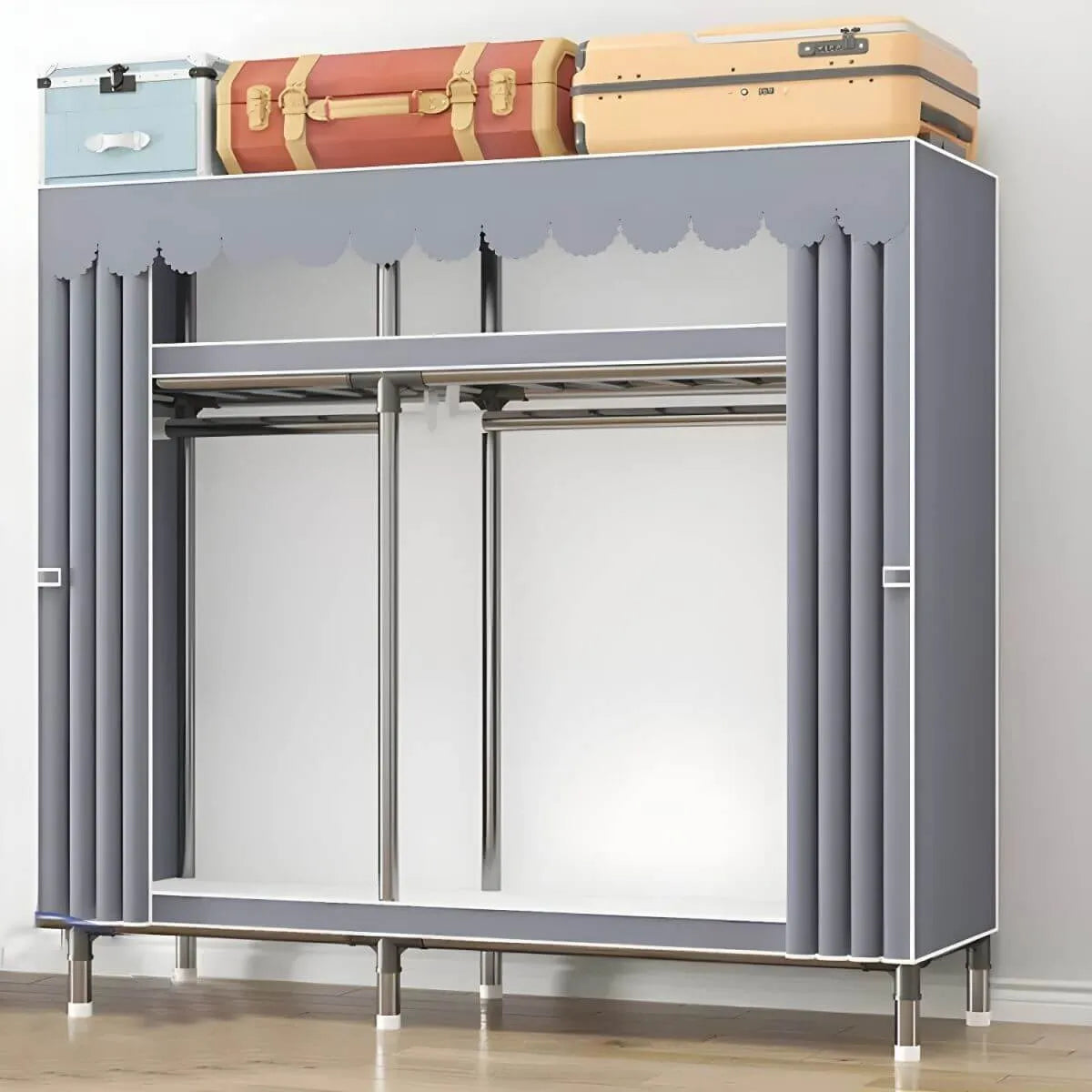 Floral Steel Sliding Door Wardrobe Armoire With Shelves And Rod