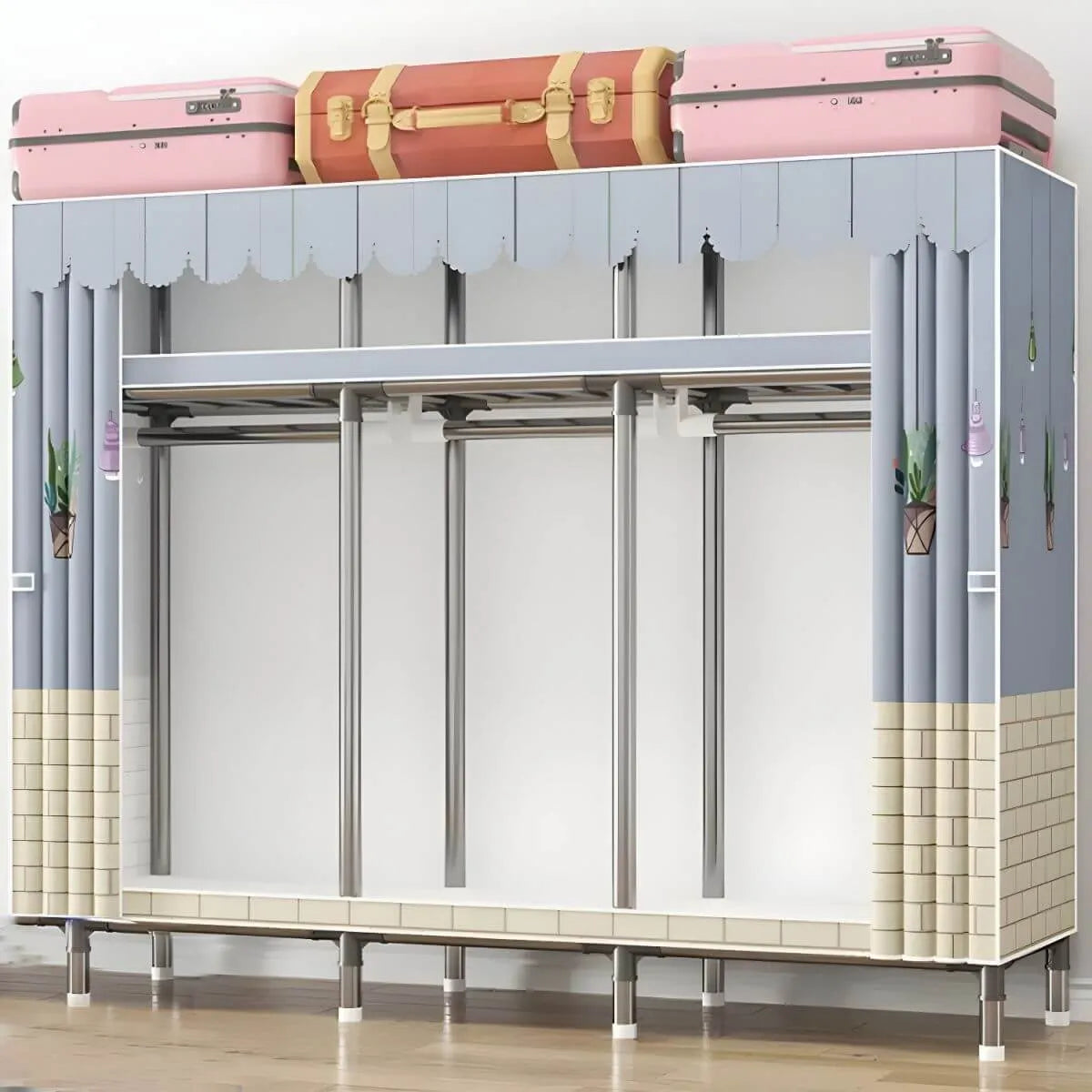 Floral Steel Sliding Door Wardrobe Armoire With Shelves And Rod