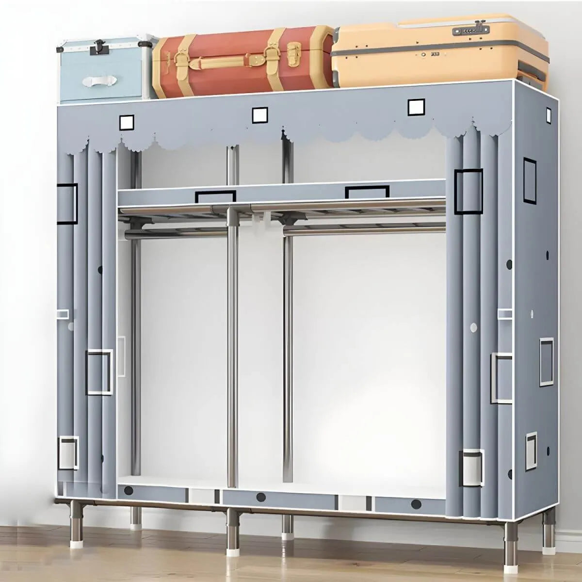 Floral Steel Sliding Door Wardrobe Armoire With Shelves And Rod