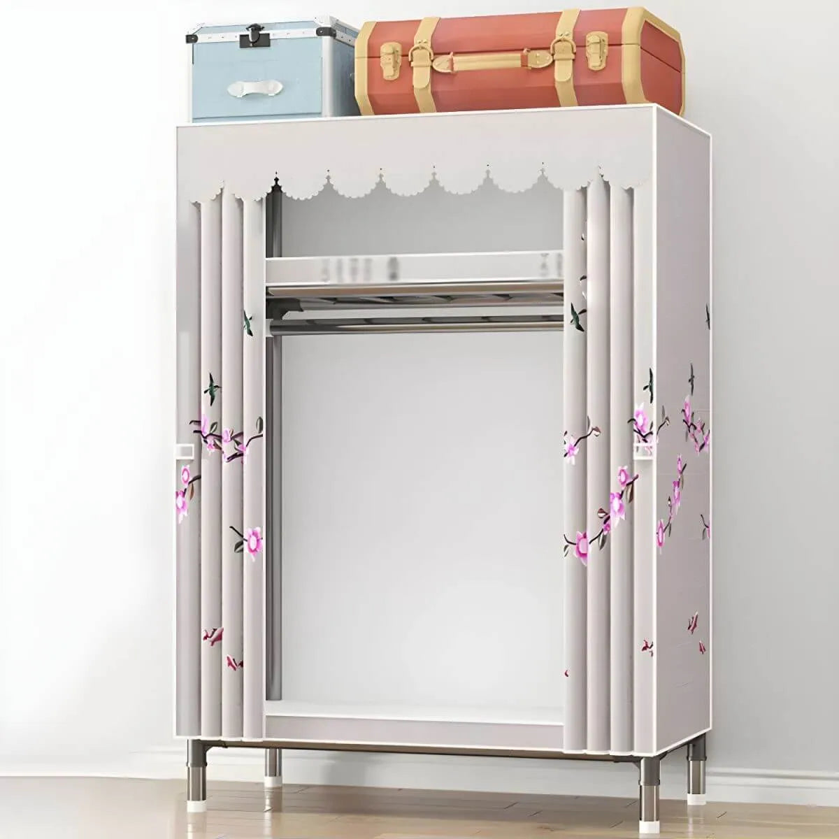 Floral Steel Sliding Door Wardrobe Armoire With Shelves And Rod