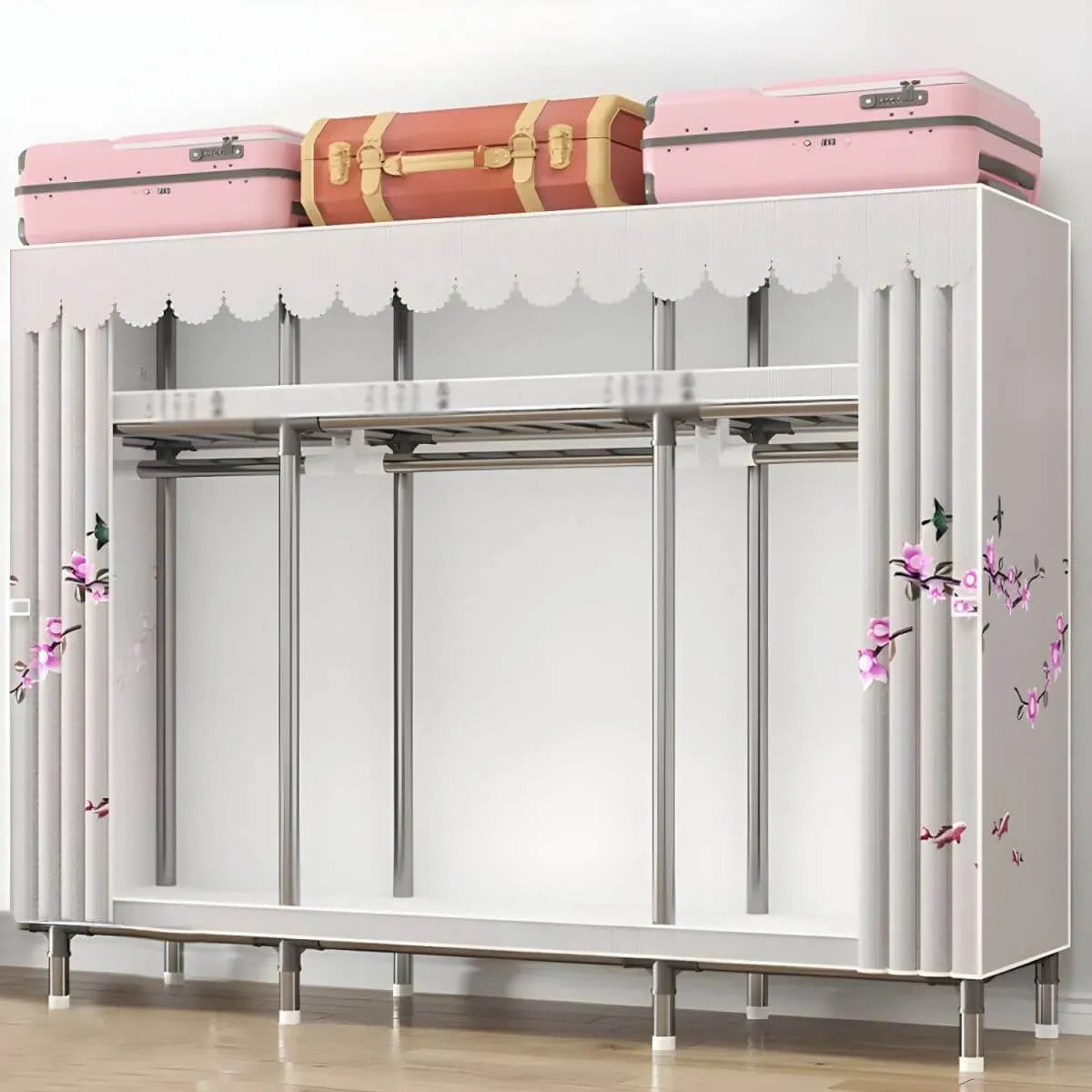 Floral Steel Sliding Door Wardrobe Armoire With Shelves And Rod