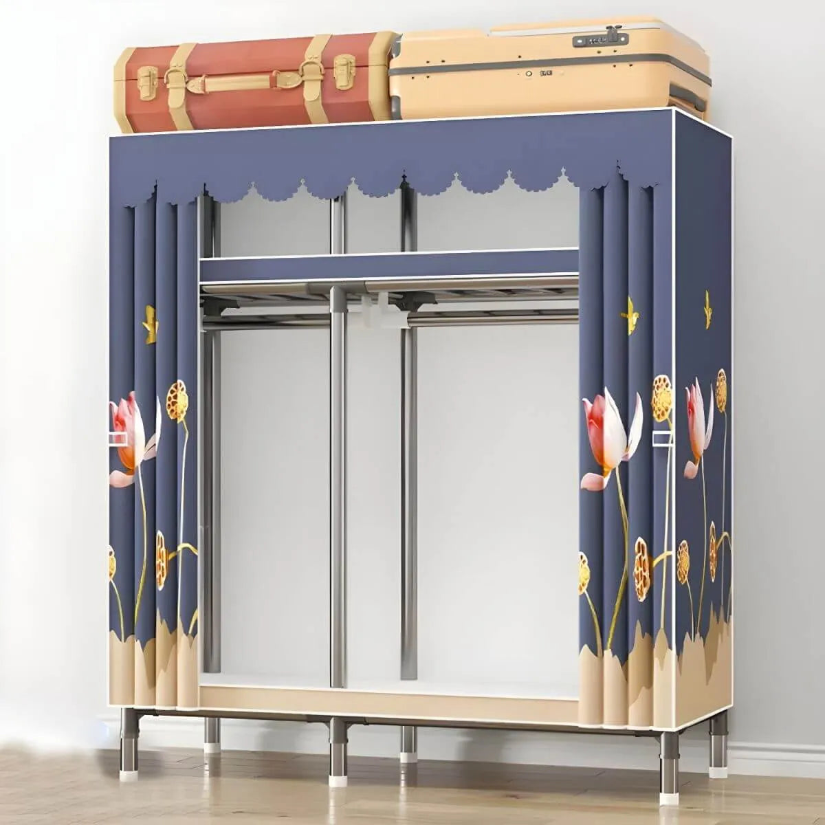 Floral Steel Sliding Door Wardrobe Armoire With Shelves And Rod