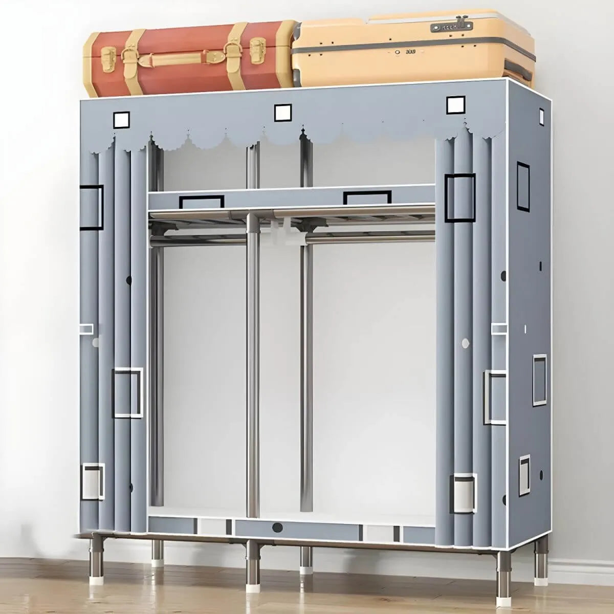 Floral Steel Sliding Door Wardrobe Armoire With Shelves And Rod