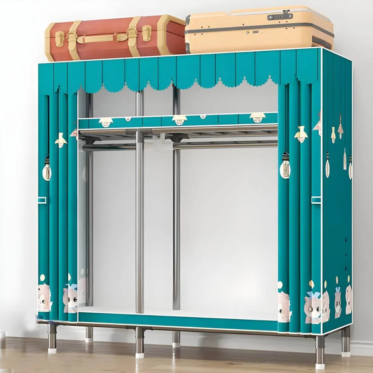 Floral Steel Sliding Door Wardrobe Armoire With Shelves And Rod