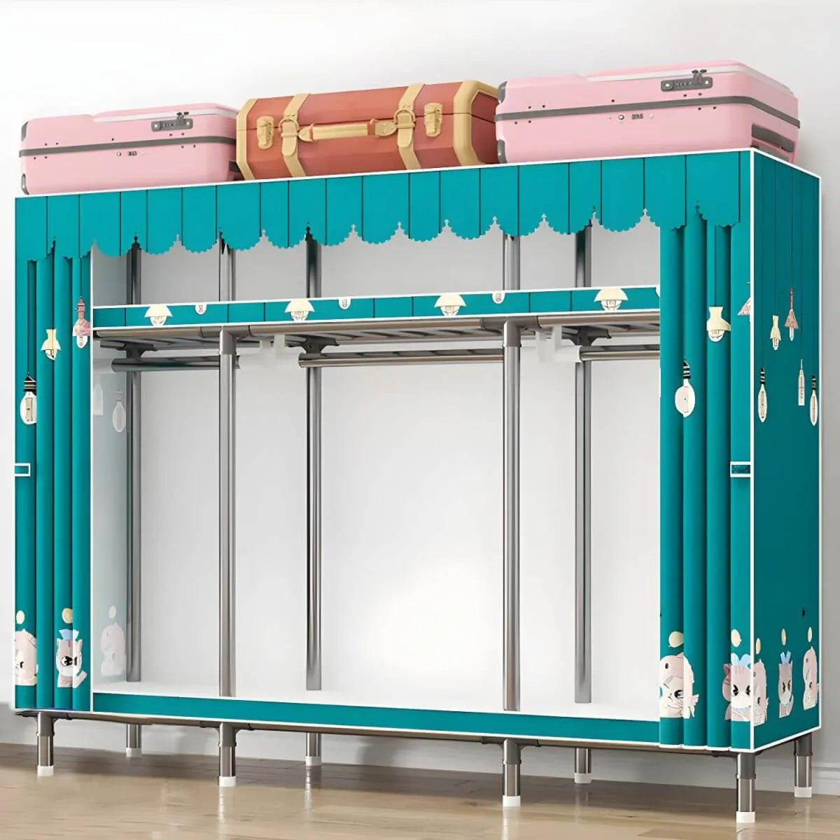 Floral Steel Sliding Door Wardrobe Armoire With Shelves And Rod