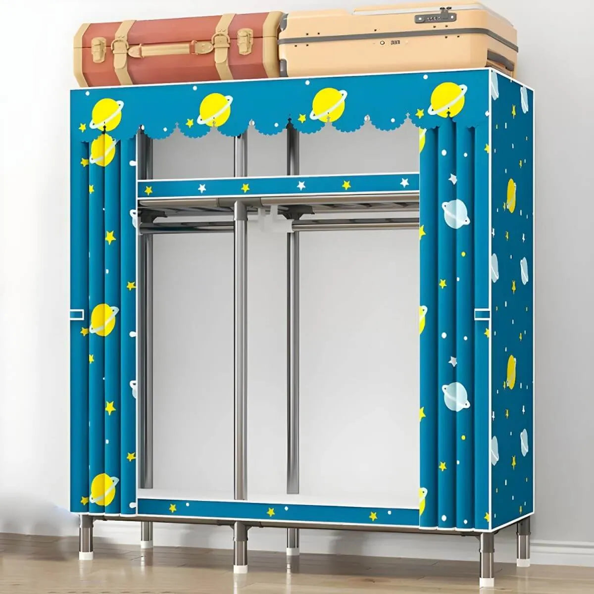 Floral Steel Sliding Door Wardrobe Armoire With Shelves And Rod