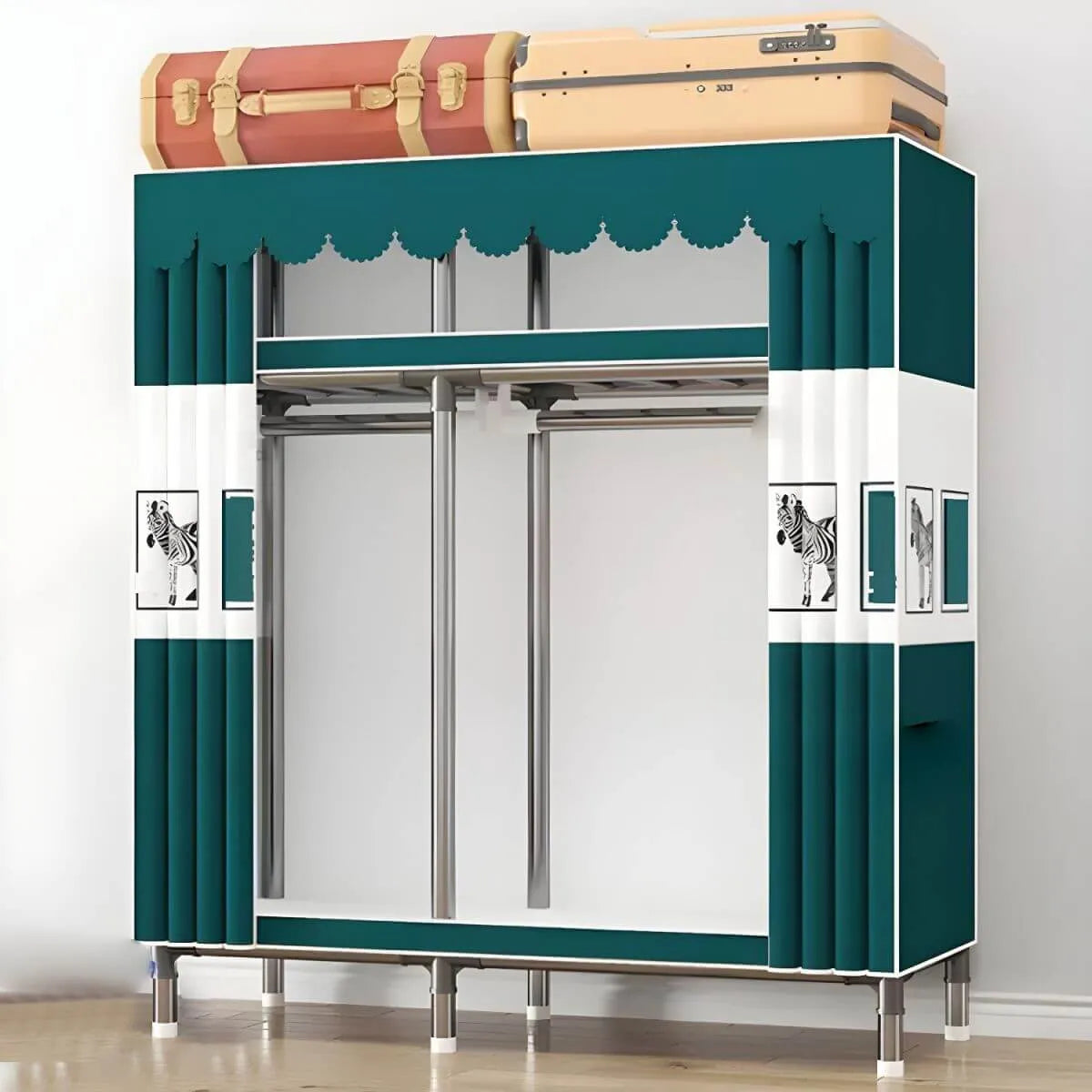 Floral Steel Sliding Door Wardrobe Armoire With Shelves And Rod