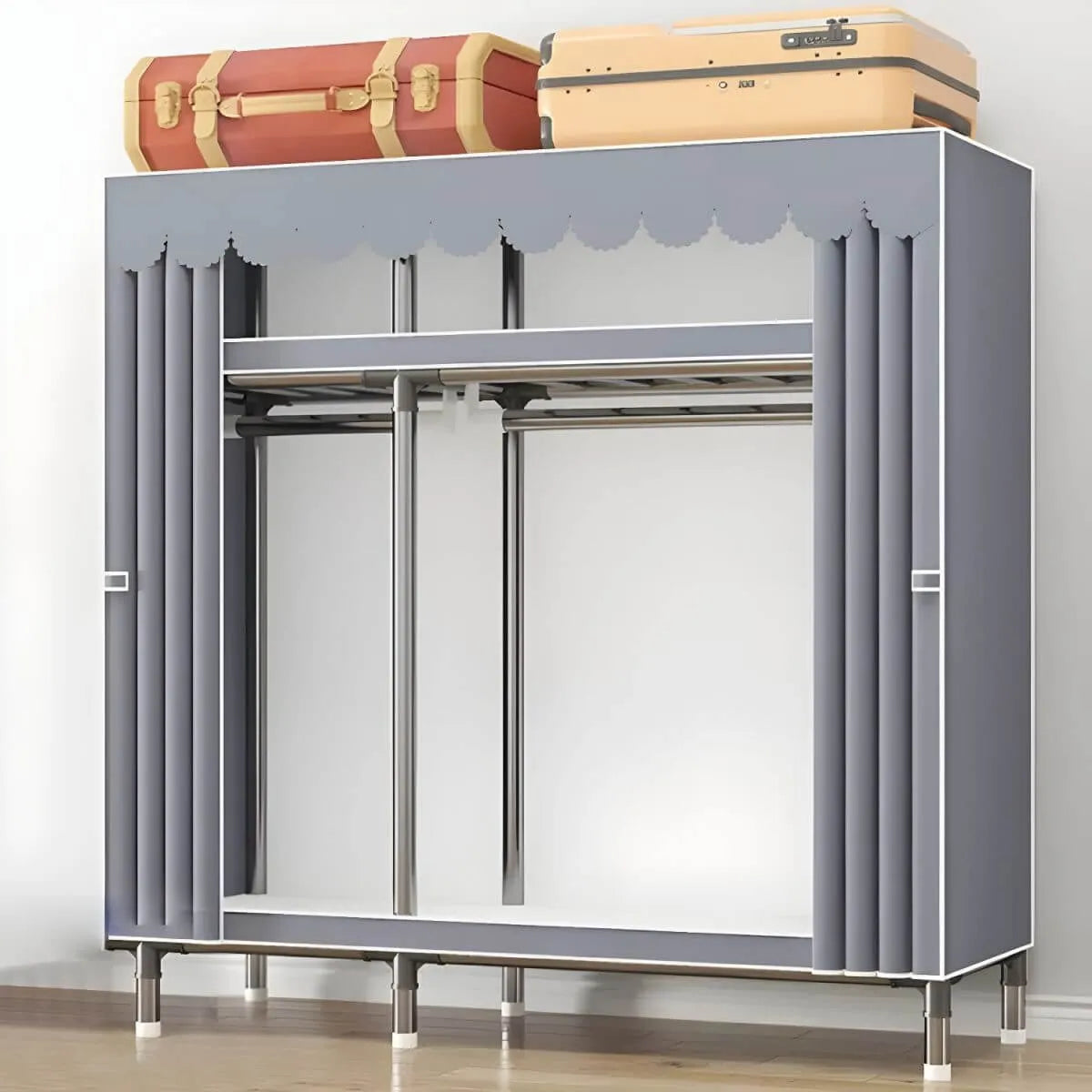 Floral Steel Sliding Door Wardrobe Armoire With Shelves And Rod