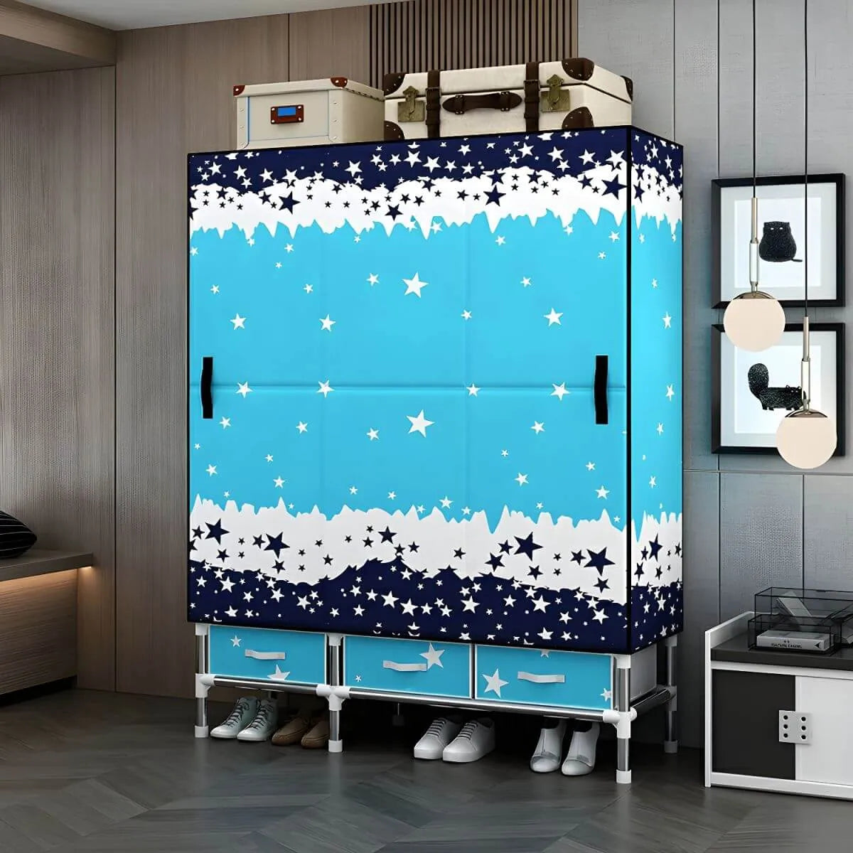 Floral Steel Wardrobe Armoire With Drawers, Shelves And Legs