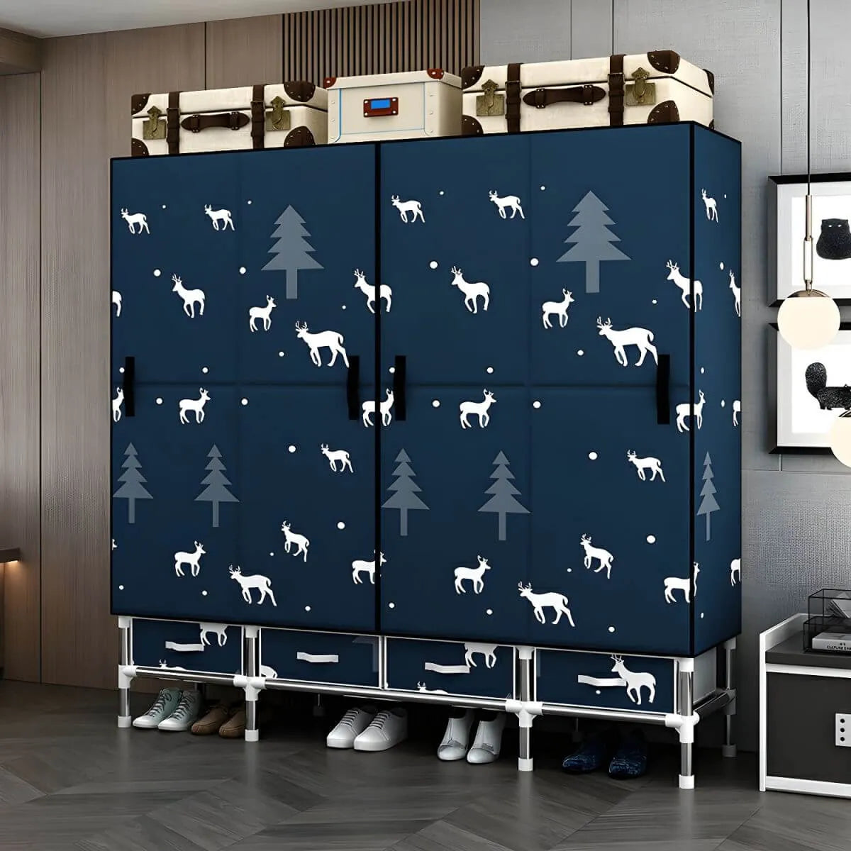 Floral Steel Wardrobe Armoire With Drawers, Shelves And Legs