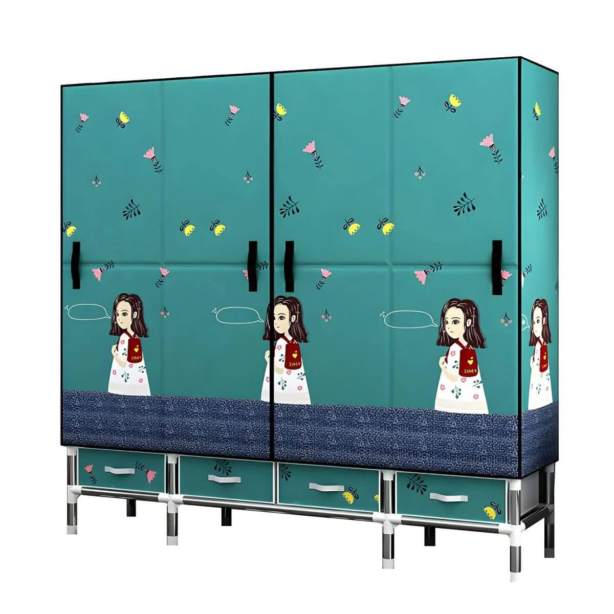 Floral Steel Wardrobe Armoire With Drawers, Shelves And Legs