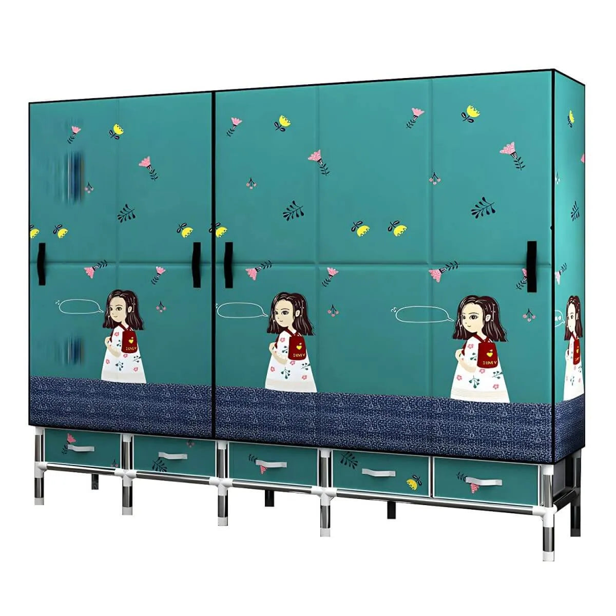 Floral Steel Wardrobe Armoire With Drawers, Shelves And Legs