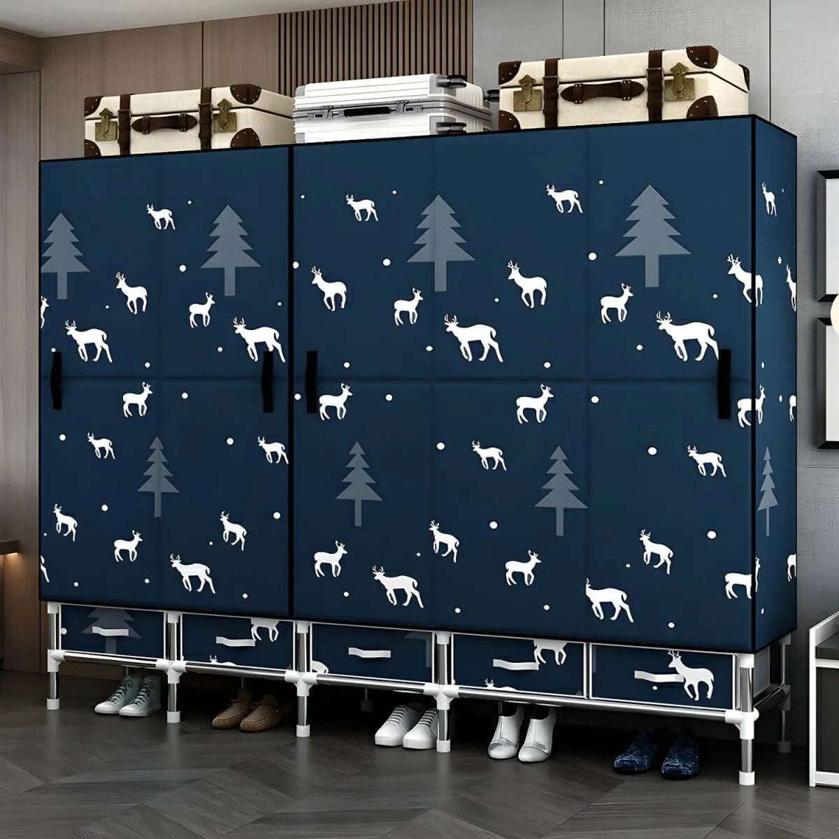 Floral Steel Wardrobe Armoire With Drawers, Shelves And Legs