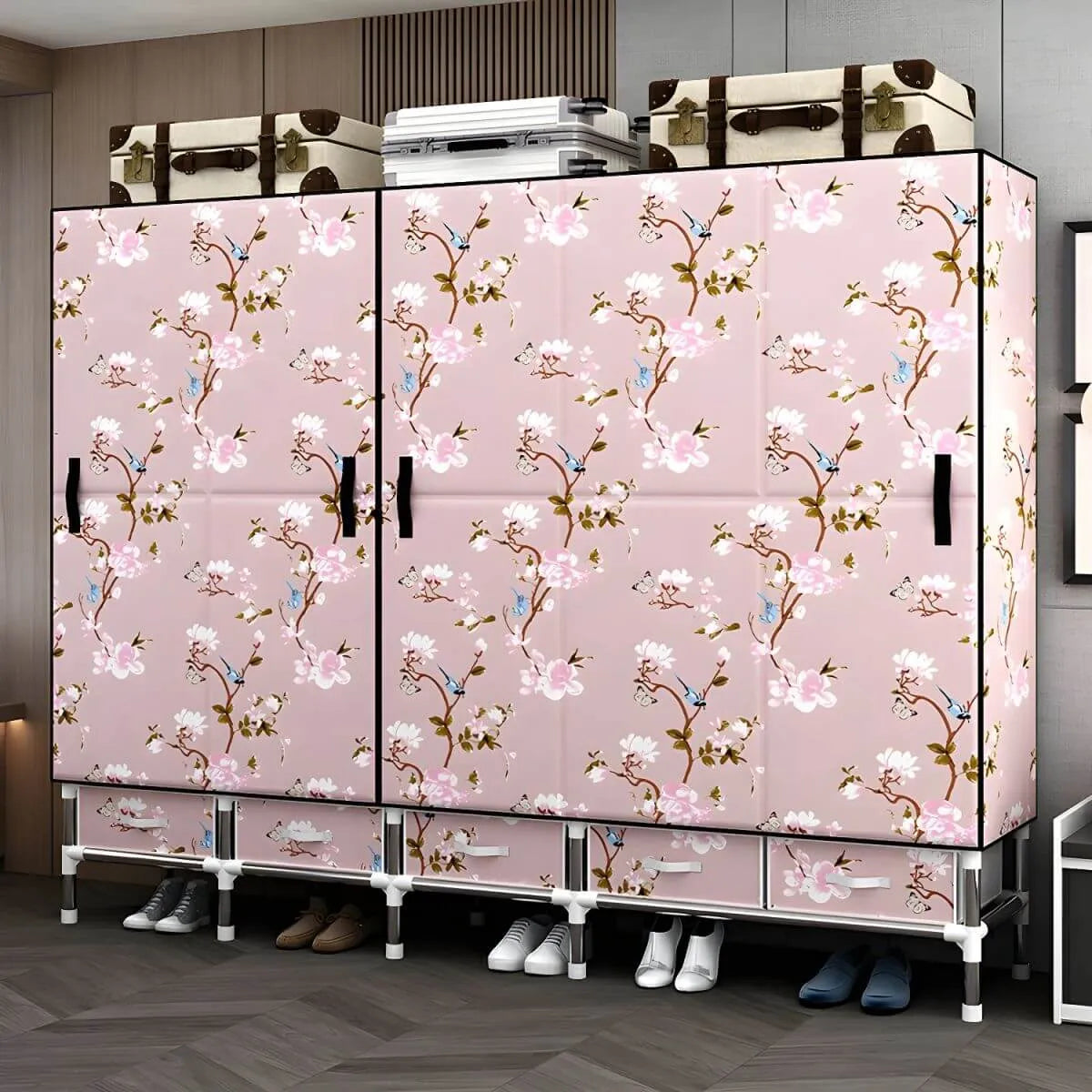 Floral Steel Wardrobe Armoire With Drawers, Shelves And Legs
