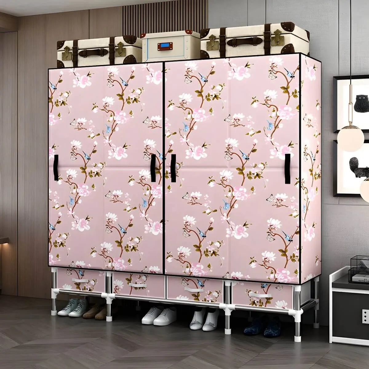 Floral Steel Wardrobe Armoire With Drawers, Shelves And Legs