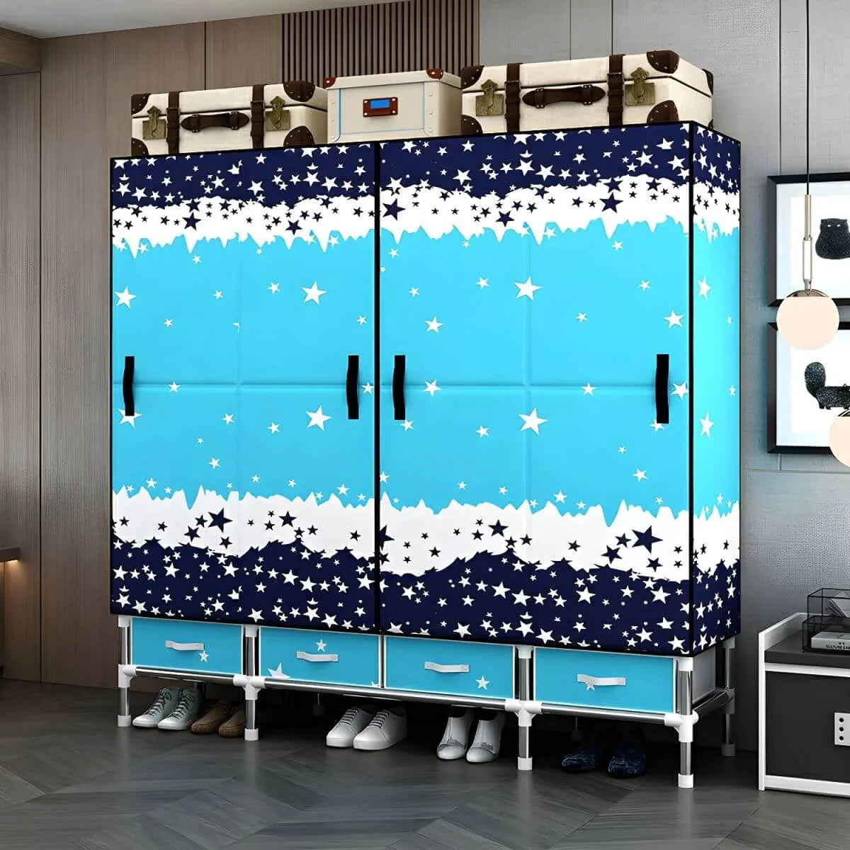 Floral Steel Wardrobe Armoire With Drawers, Shelves And Legs