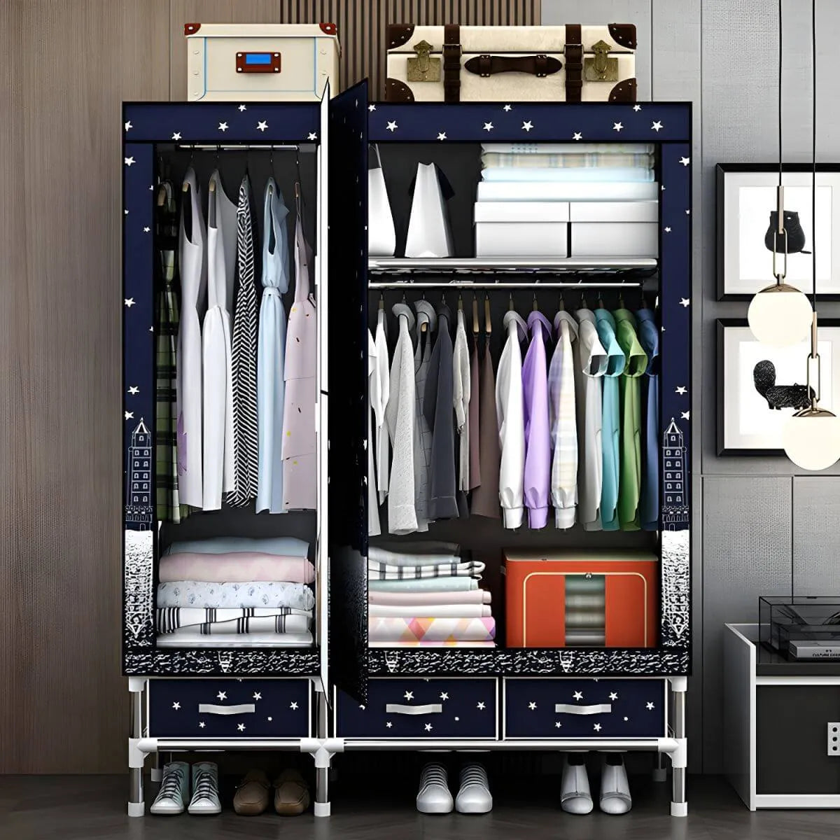 Floral Steel Wardrobe Armoire With Drawers, Shelves And Legs