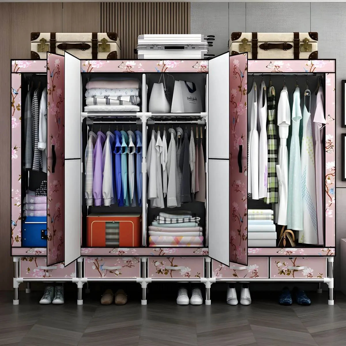 Floral Steel Wardrobe Armoire With Drawers, Shelves And Legs