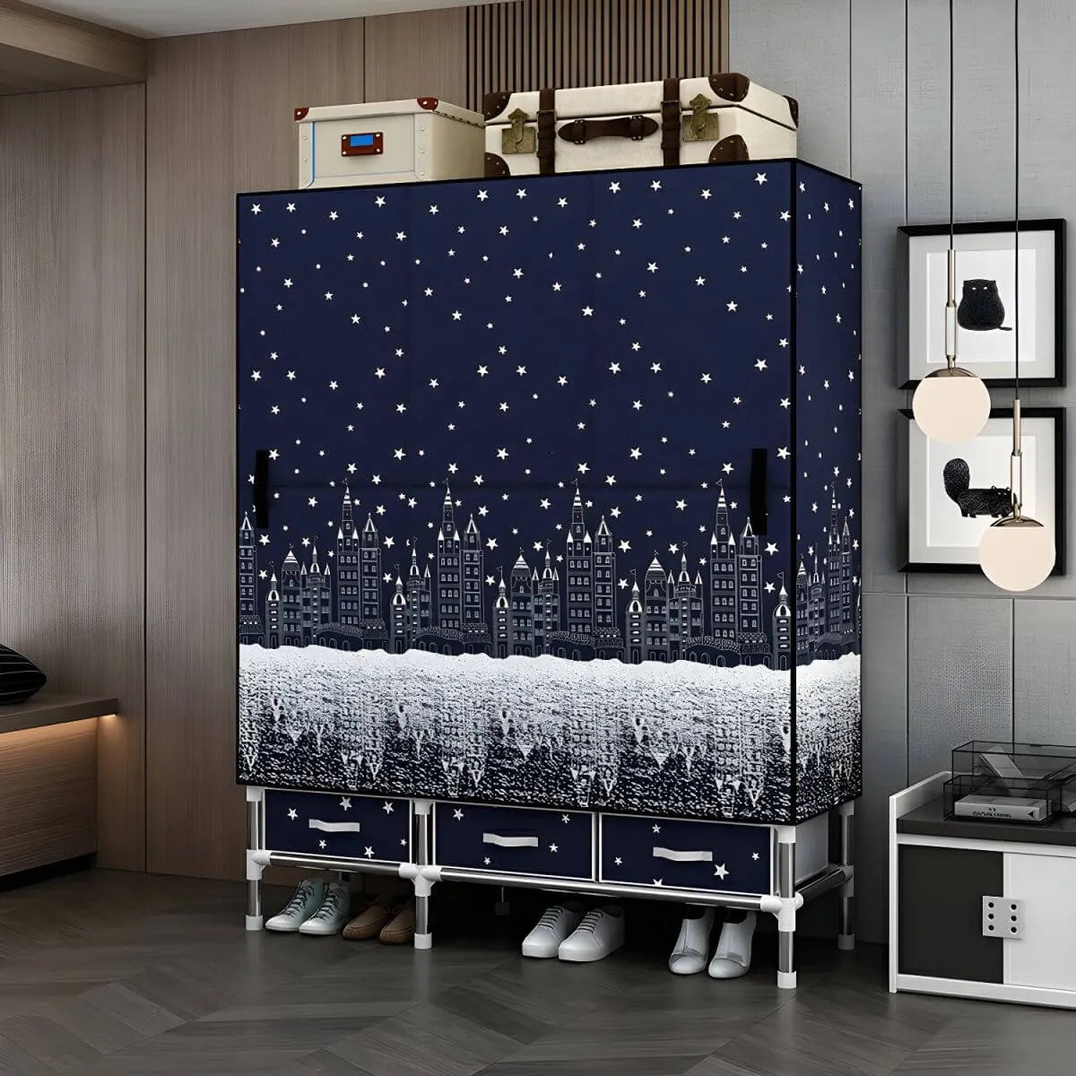 Floral Steel Wardrobe Armoire With Drawers, Shelves And Legs