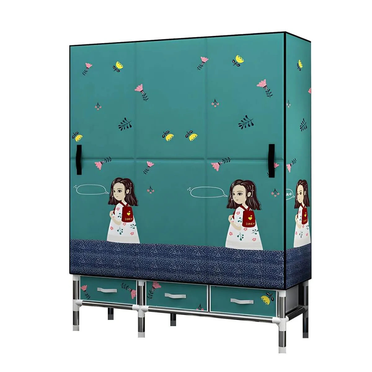 Floral Steel Wardrobe Armoire With Drawers, Shelves And Legs