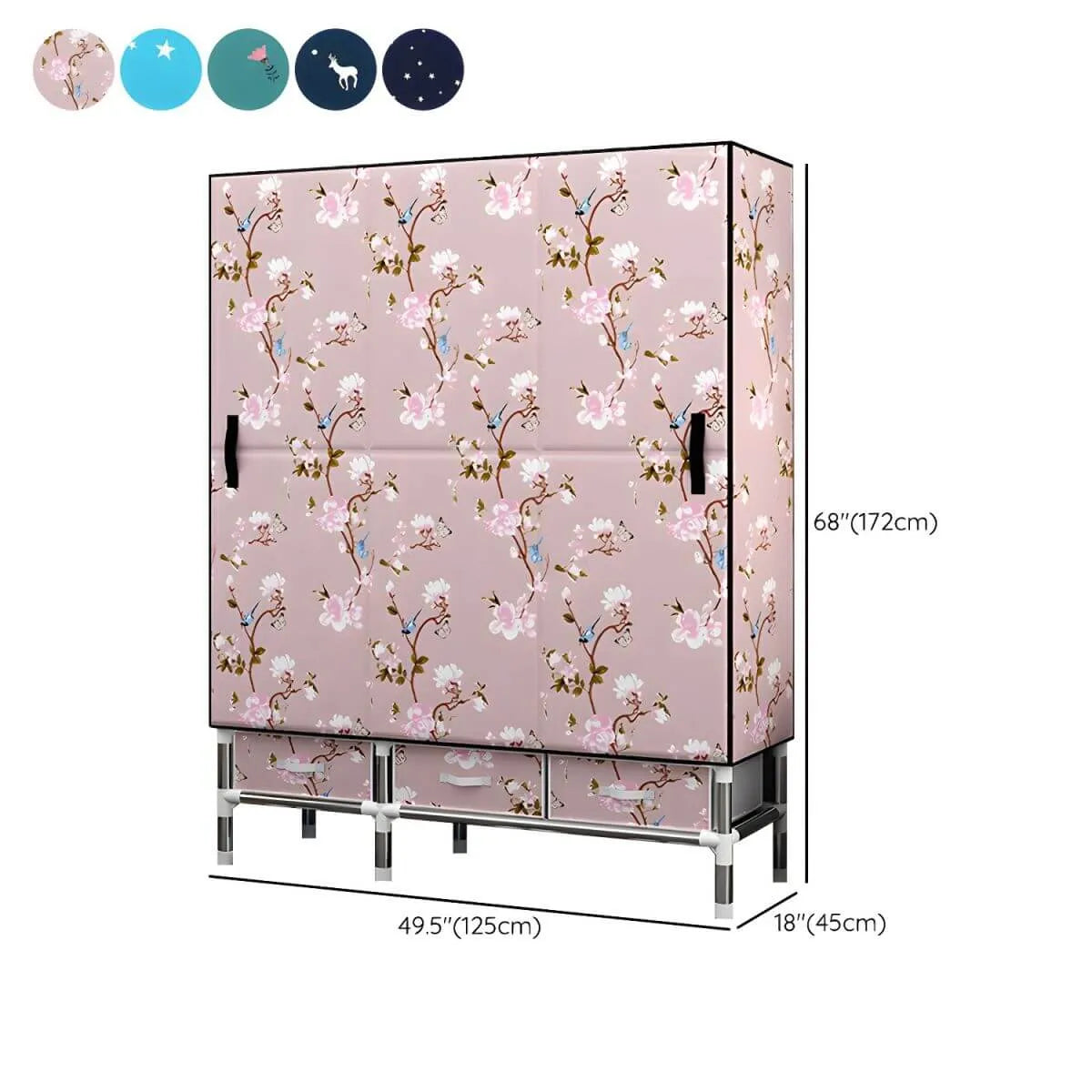 Floral Steel Wardrobe Armoire With Drawers, Shelves And Legs Dimensions