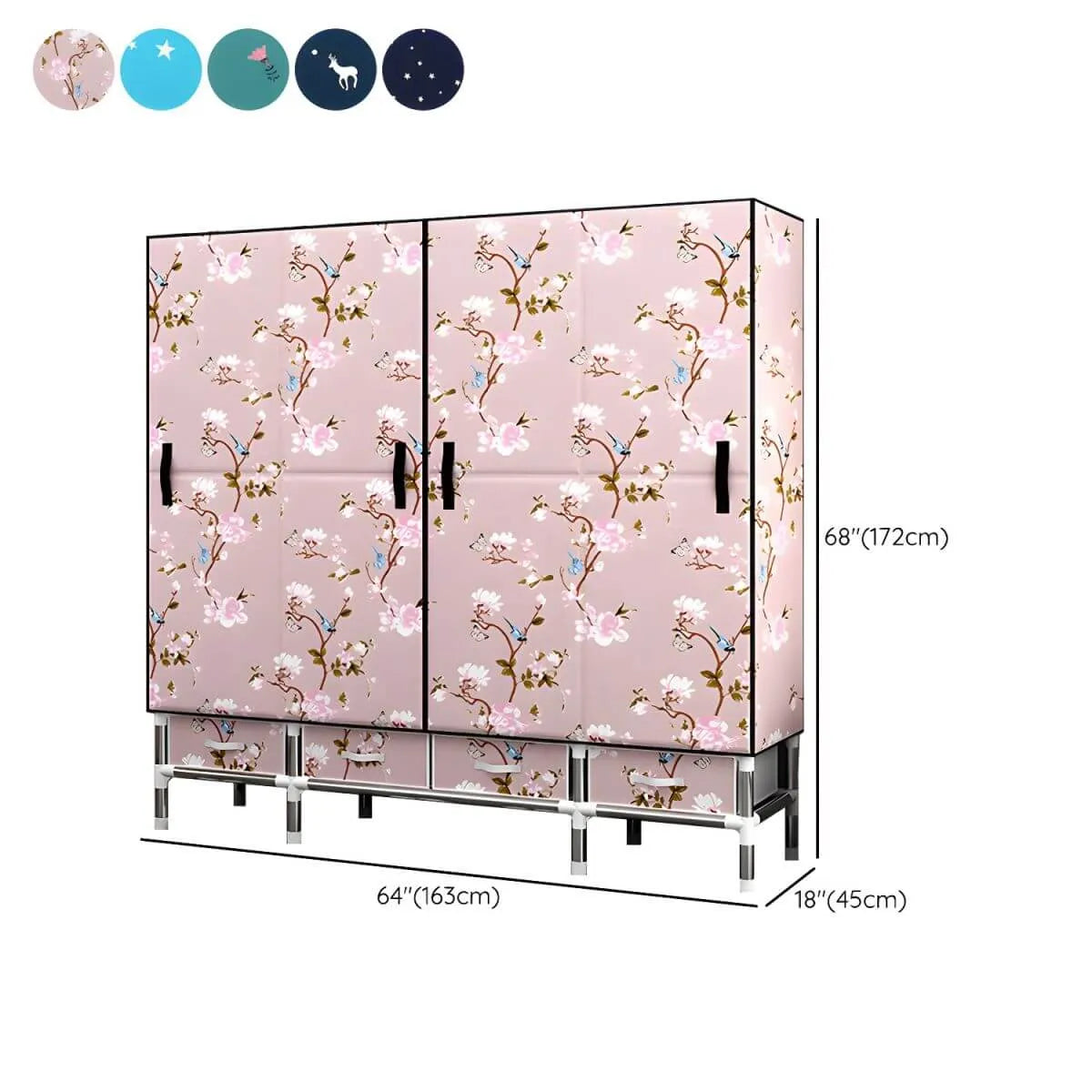 Floral Steel Wardrobe Armoire With Drawers, Shelves And Legs Dimensions