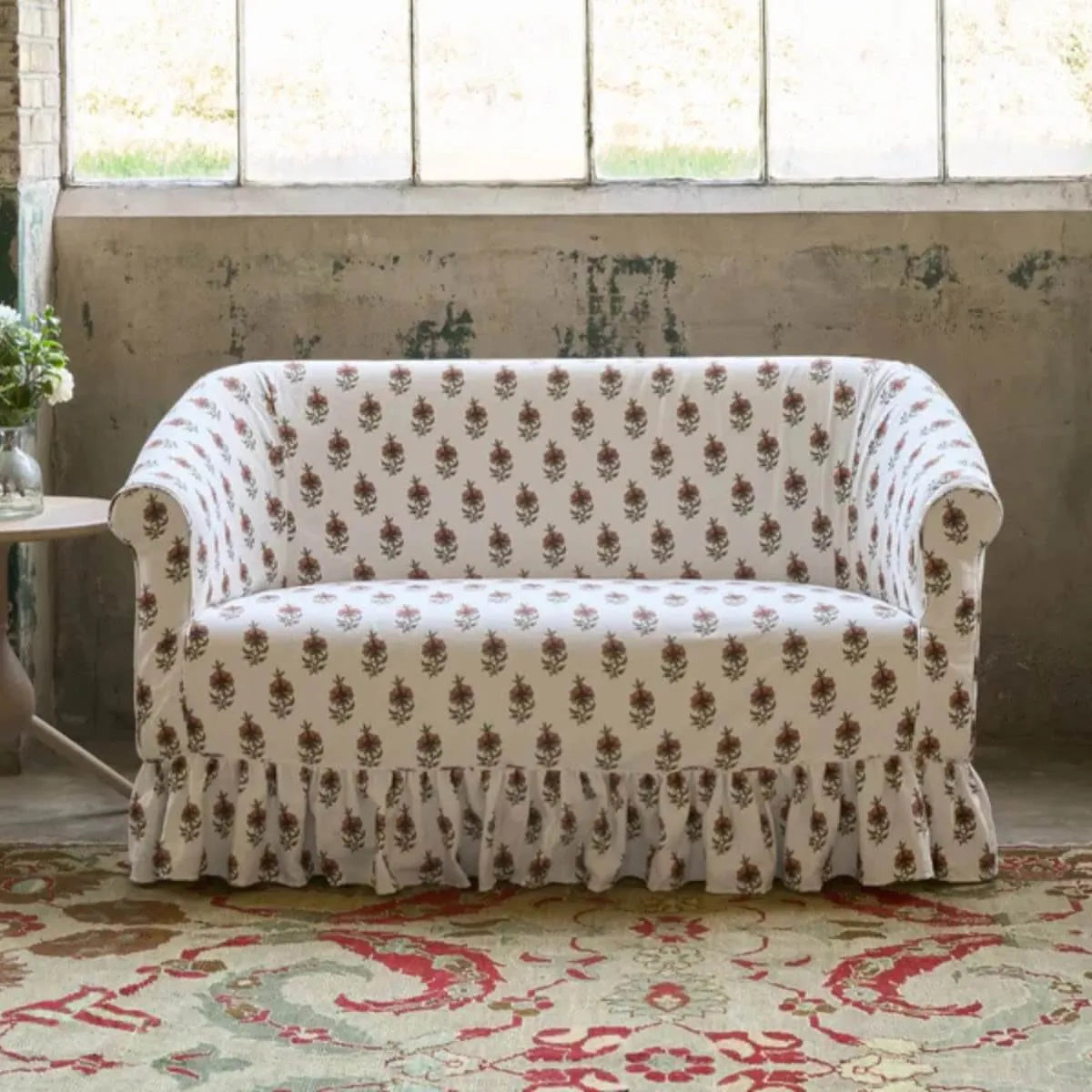 Floral Upholstered Ruffle Skirt Sofa with Curved Arms and Washable Cover Main Product Image