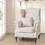 Floral Wing Chair Series With Nailhead Trim and Vintage Wood Legs