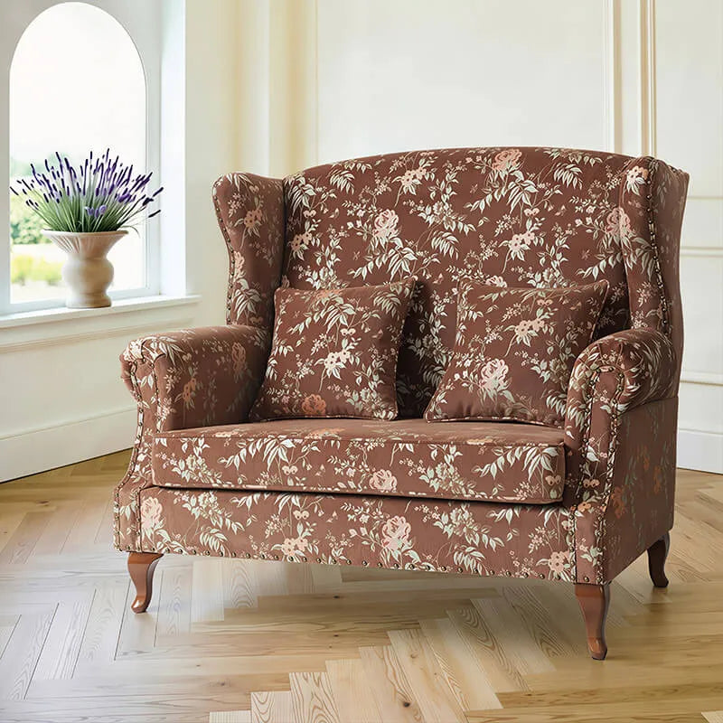 Floral Wing Chair Series With Nailhead Trim and Vintage Wood Legs