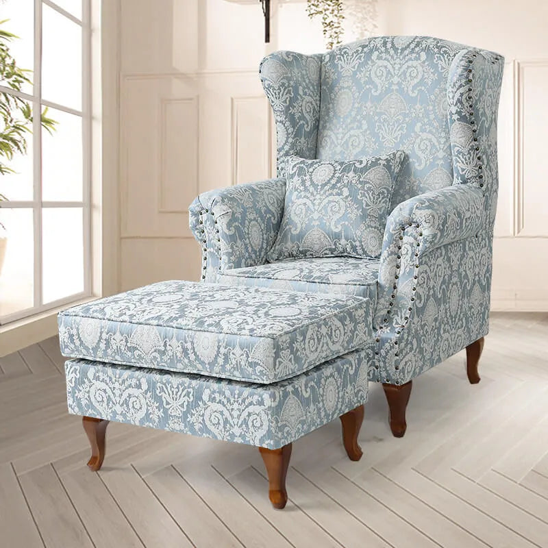 Floral Wing Chair Series With Nailhead Trim and Vintage Wood Legs