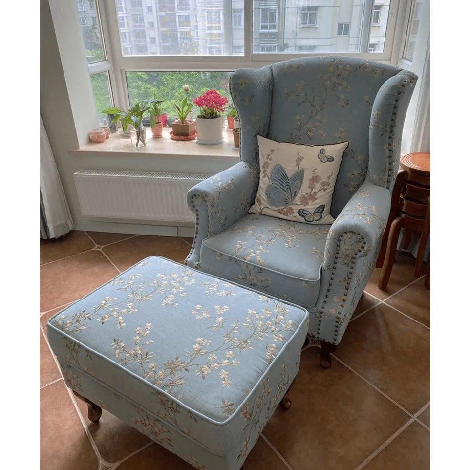 Floral Wing Chair Series With Nailhead Trim and Vintage Wood Legs
