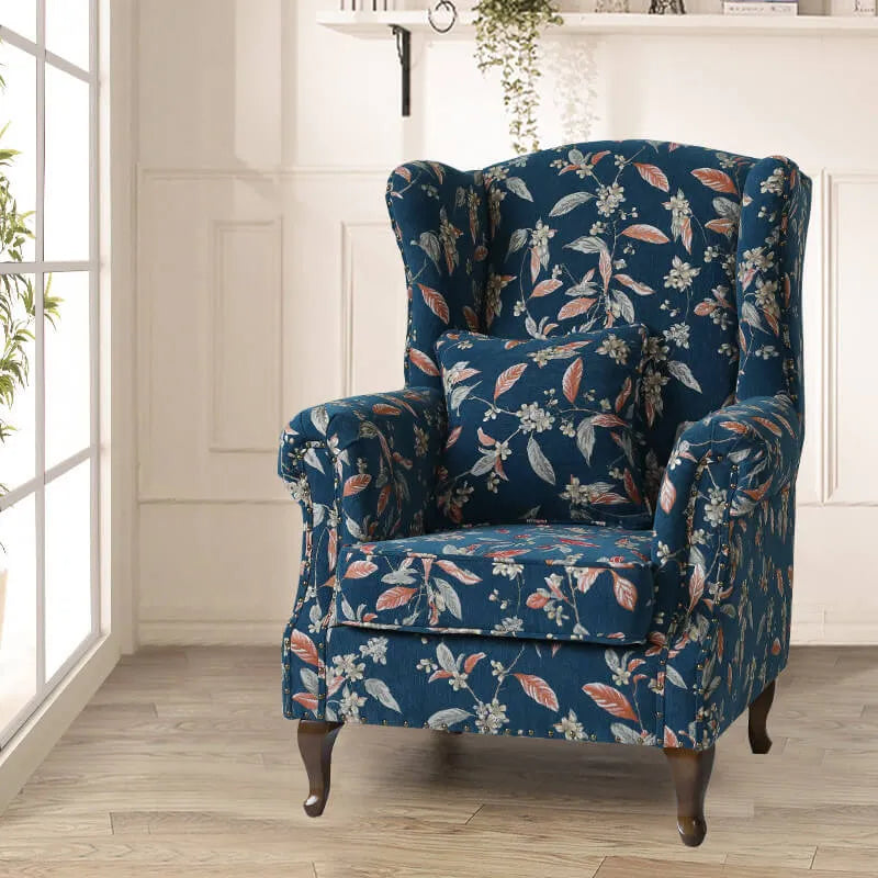 Floral Wing Chair Series With Nailhead Trim and Vintage Wood Legs