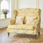 Floral Wing Chair Series With Nailhead Trim and Vintage Wood Legs