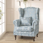 Floral Wing Chair Series With Nailhead Trim and Vintage Wood Legs