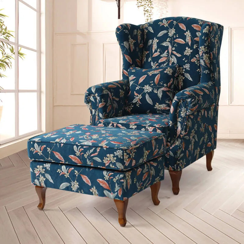 Floral Wing Chair Series With Nailhead Trim and Vintage Wood Legs