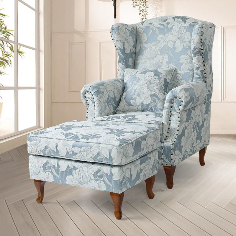 Floral Wing Chair Series With Nailhead Trim and Vintage Wood Legs