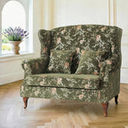 Floral Wing Chair Series With Nailhead Trim and Vintage Wood Legs