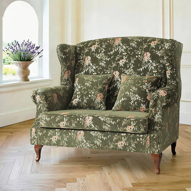 Floral Wing Chair Series With Nailhead Trim and Vintage Wood Legs