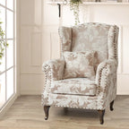 Floral Wing Chair Series With Nailhead Trim and Vintage Wood Legs