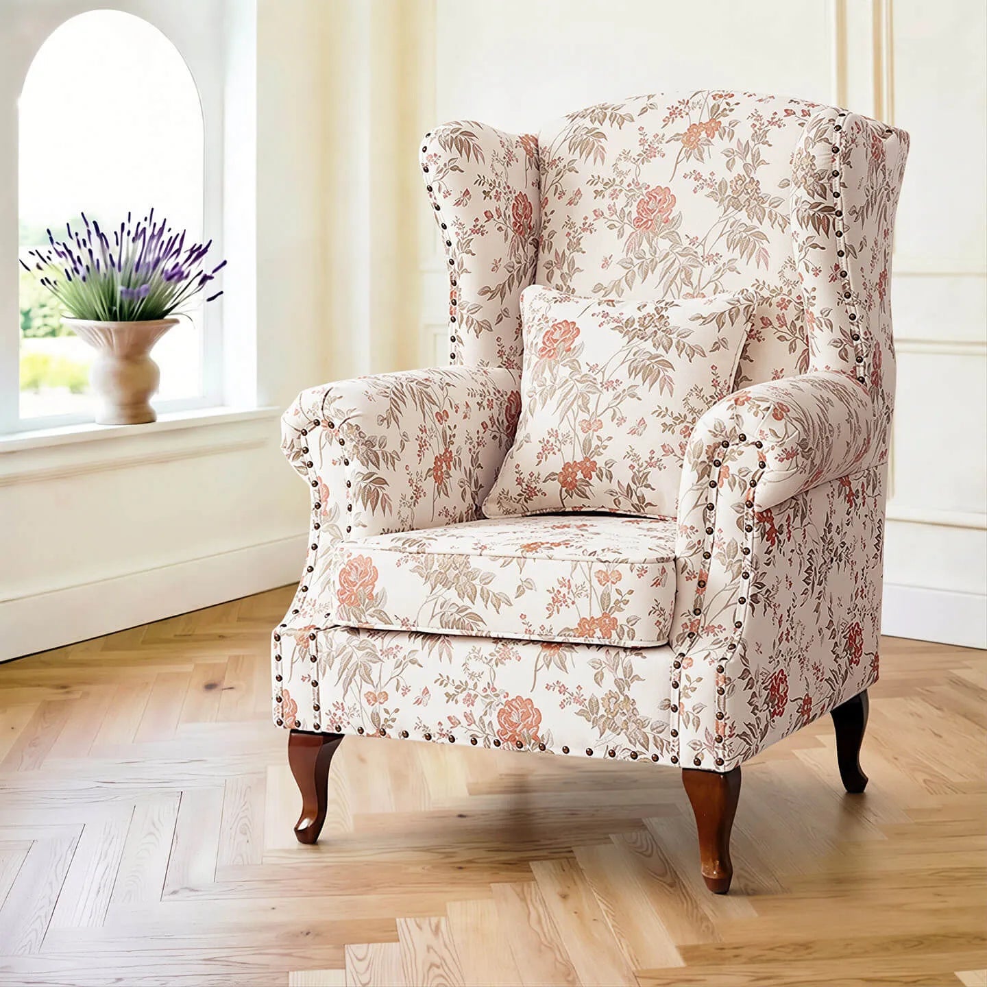 Floral Wing Chair Series With Nailhead Trim and Vintage Wood Legs