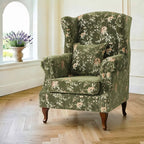 Floral Wing Chair Series With Nailhead Trim and Vintage Wood Legs