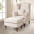 Floral Wing Chair Series With Nailhead Trim and Vintage Wood Legs