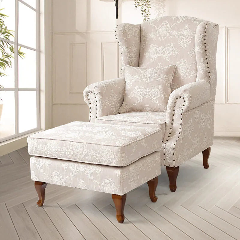 Floral Wing Chair Series With Nailhead Trim and Vintage Wood Legs
