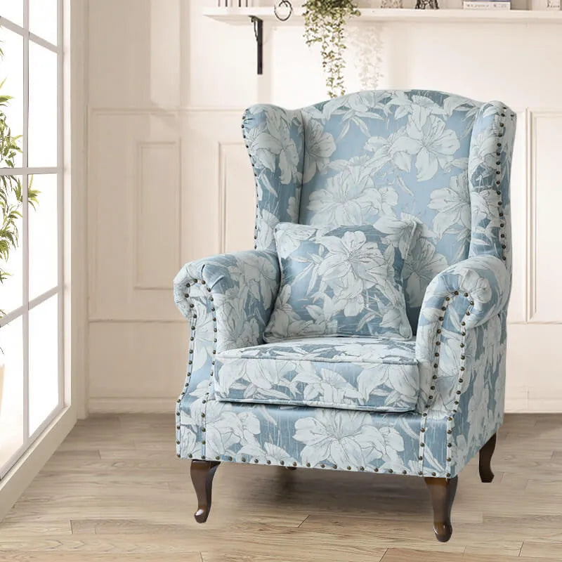 Floral Wing Chair Series With Nailhead Trim and Vintage Wood Legs