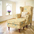 Floral Wing Chair Series With Nailhead Trim and Vintage Wood Legs
