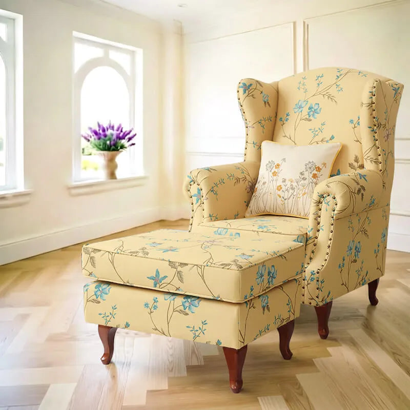 Floral Wing Chair Series With Nailhead Trim and Vintage Wood Legs