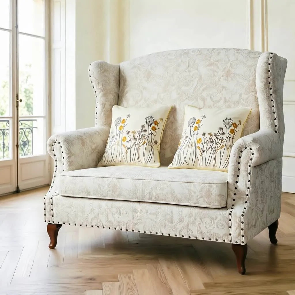 Floral Wing Chair Series With Nailhead Trim and Vintage Wood Legs