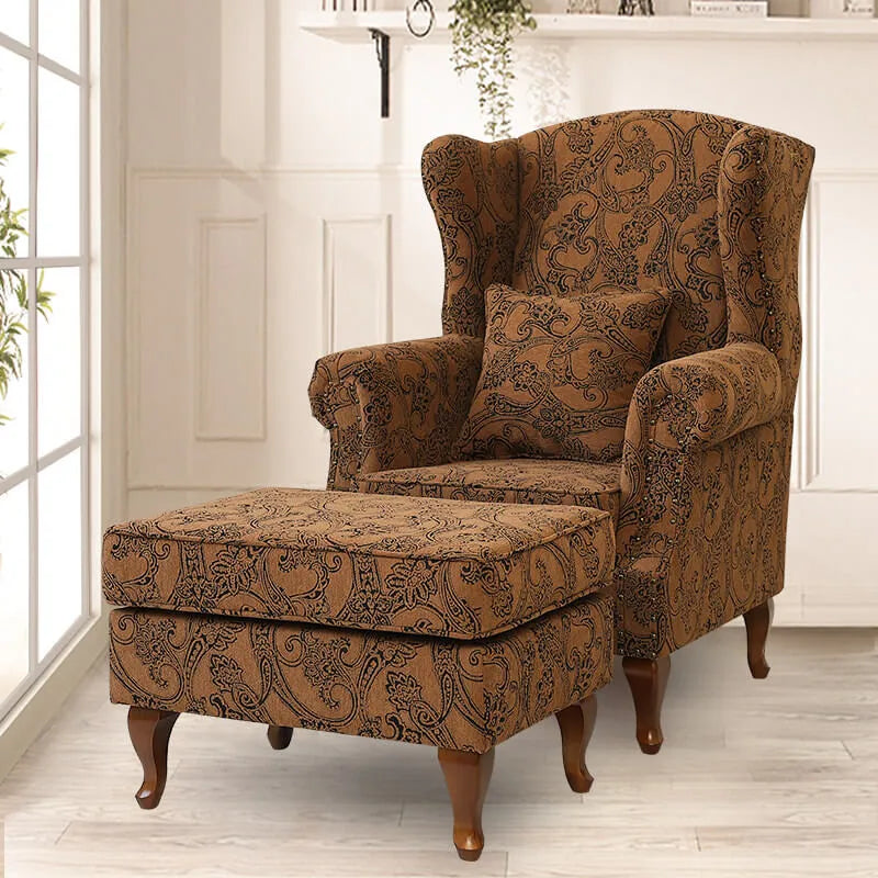 Floral Wing Chair Series With Nailhead Trim and Vintage Wood Legs
