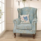 Floral Wing Chair Series With Nailhead Trim and Vintage Wood Legs