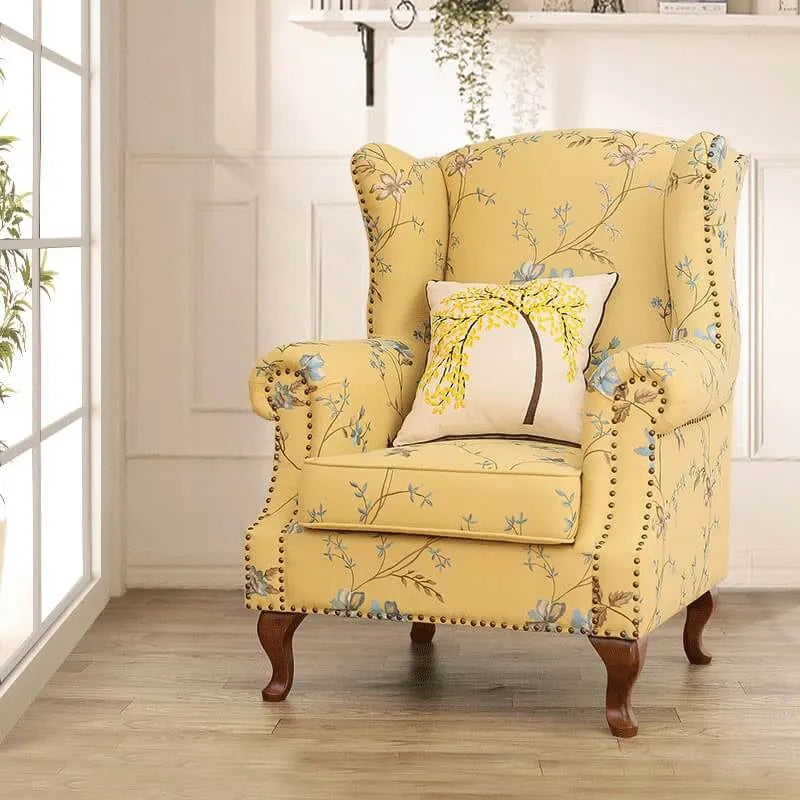 Floral Wing Chair Series With Nailhead Trim and Vintage Wood Legs